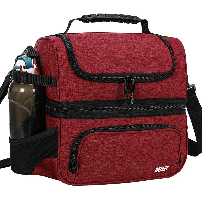 MIER Dual Compartment Lunch Bag Tote with Shoulder Strap for Men and Women Insulated Leakproof Cooler Bag  Dark Red - Image 1